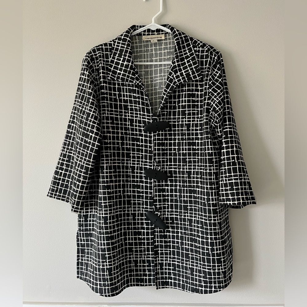 Caroline Rose Black White Grid Tunic Jacket Topper Overshirt L Made in USA